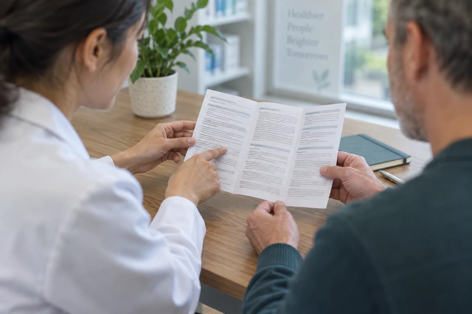 Illustrative close-up of a pharmacist and an adult reviewing a medicine information leaflet
