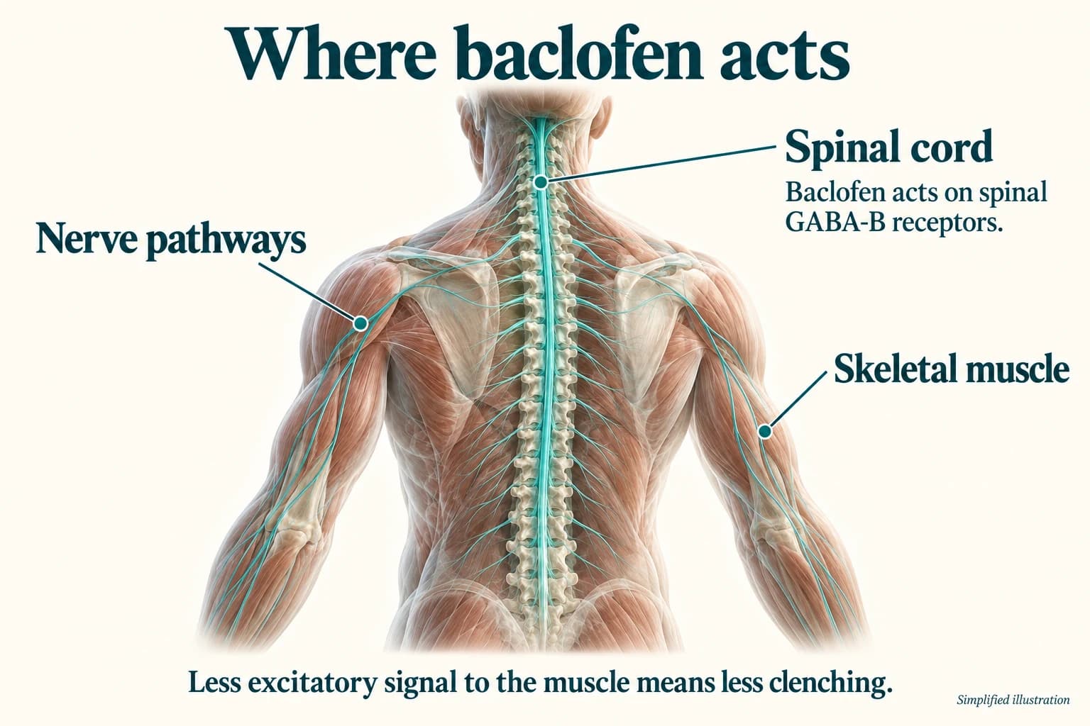 Labelled human-body illustration: the spinal cord, branching nerve pathways and skeletal muscle. Baclofen acts on spinal GABA-B receptors; less excitatory signal to the muscle means less clenching.