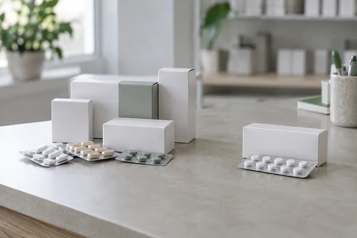 Different antibiotic medicines arranged on a pharmacy consultation desk