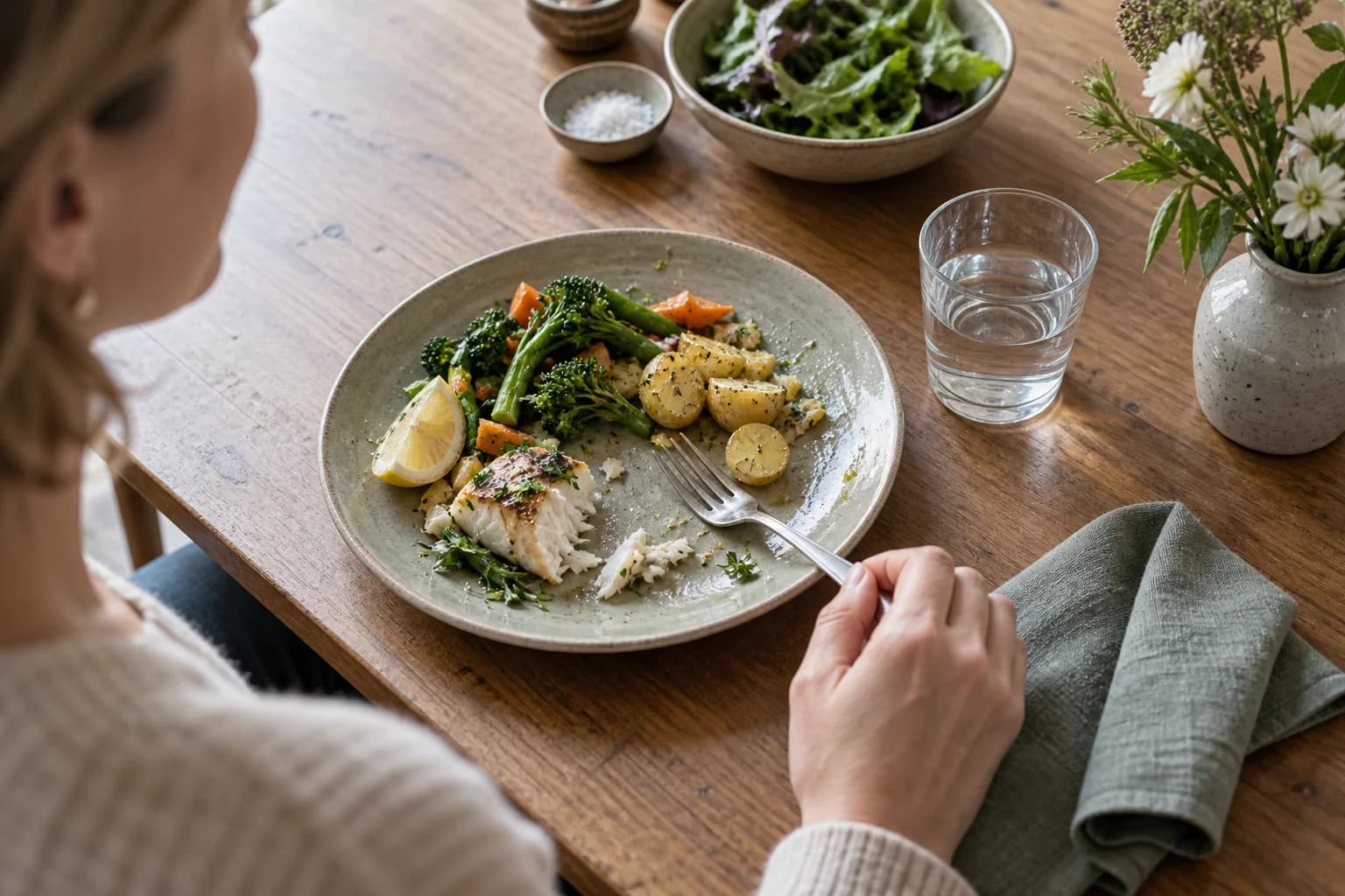 Een gedeeltelijk gegeten lunch met groenten, aardappelen en vis.