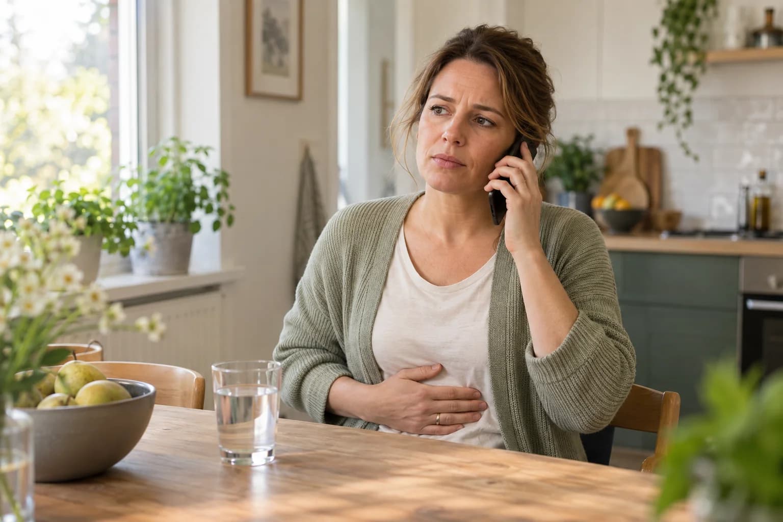 Een vrouw met buikklachten voert thuis een telefoongesprek.