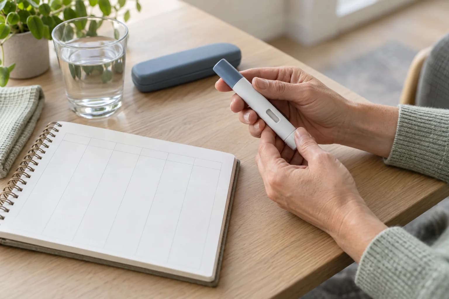 Handen houden een gesloten demonstratiepen naast een weekplanner.