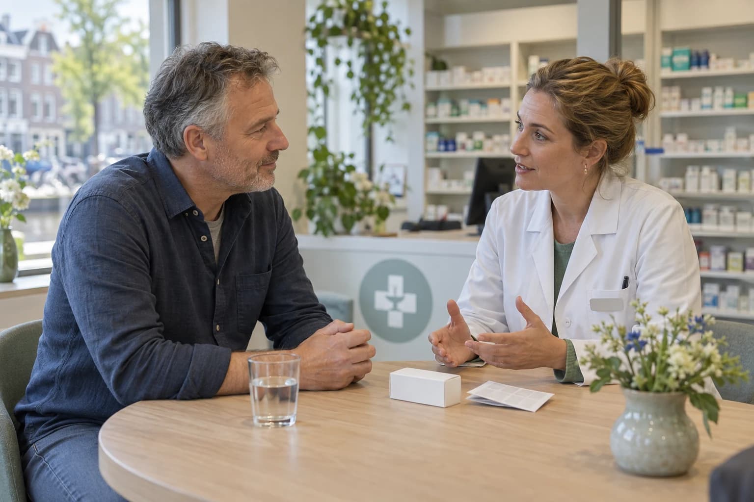 Een apotheker bespreekt medicijngebruik met een volwassen patiënt.