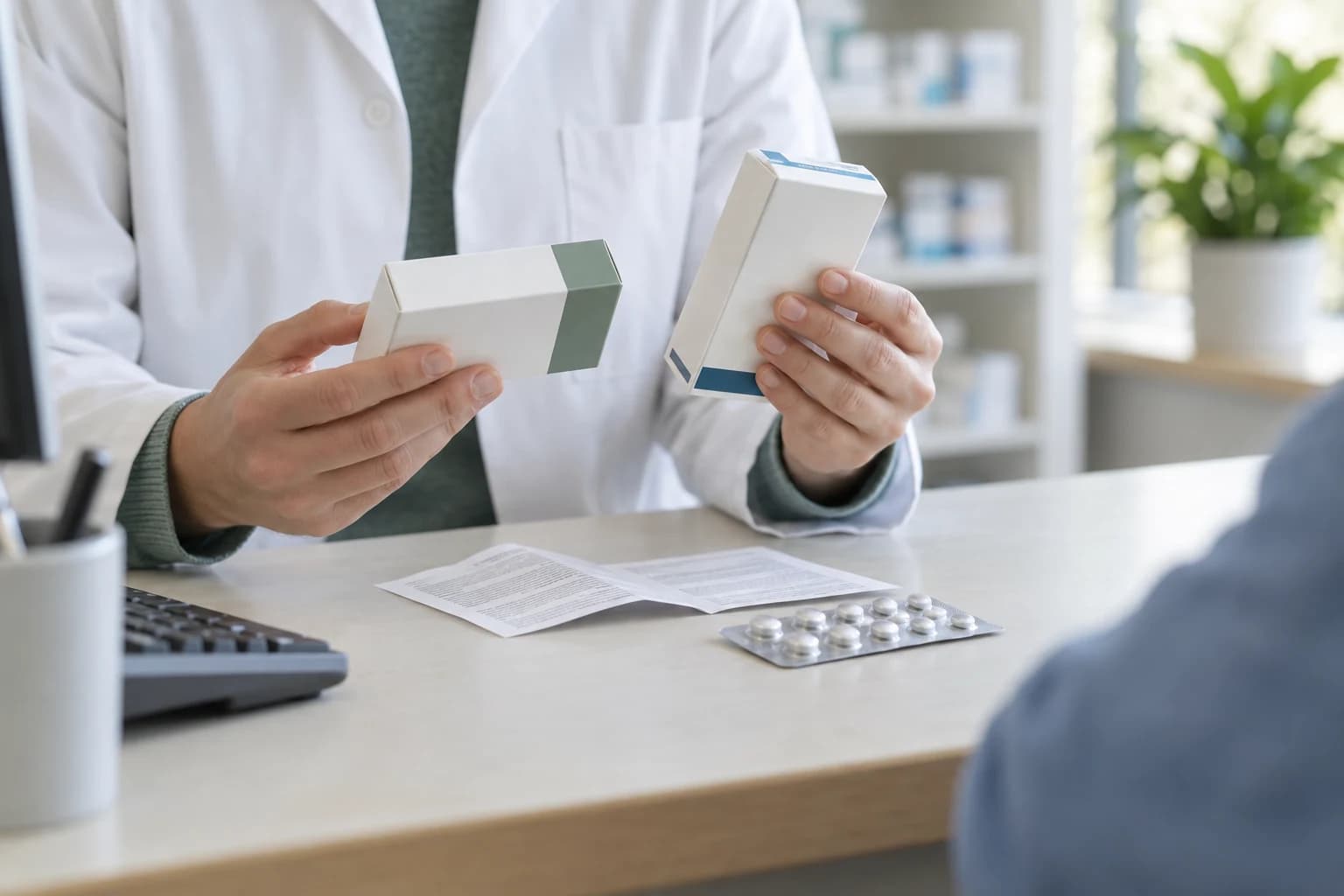 Een apotheker bekijkt twee verschillende medicijnverpakkingen met een bijsluiter.